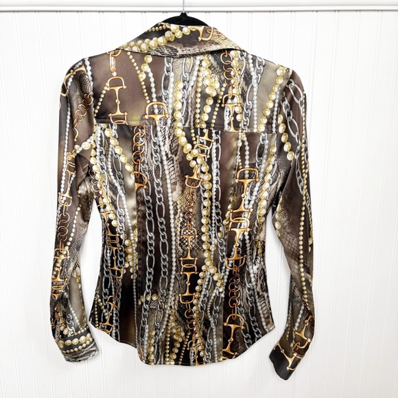 Cache Vintage Black & Gold Chain Print Snap Button Silk Blend Blouse Size XS - Picture 2 of 4
